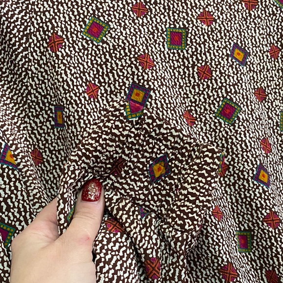 Vintage 80s Long Sleeve Brown with Jewel Tone Pattern Blouse + Shoulder Pads - Picture 10 of 15